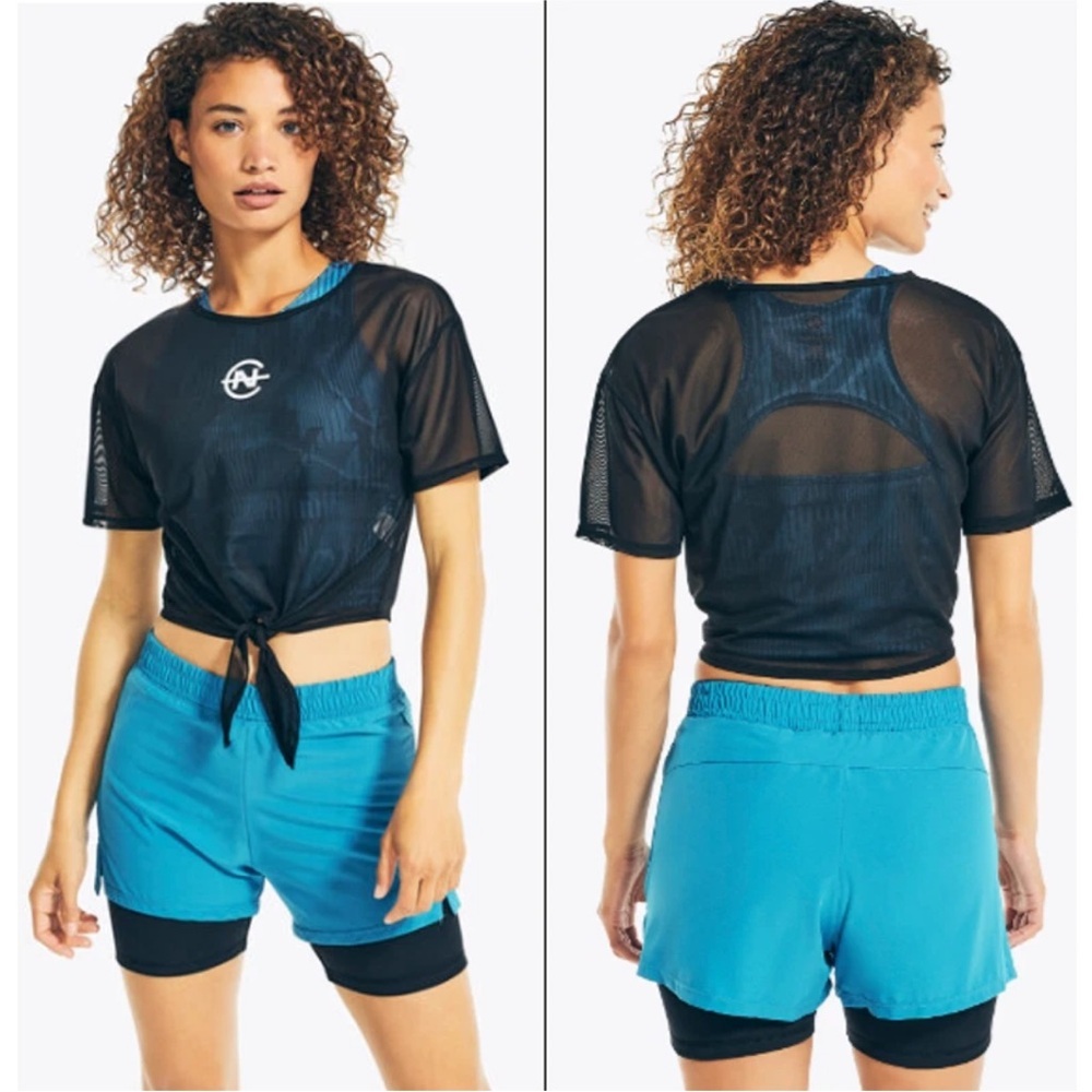 NEW Nautica Competition Crop Top Large Black Mesh Athletic Sheer Tie-Front Tee
